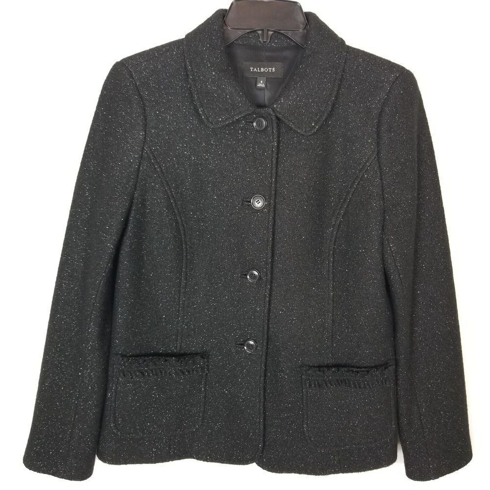 Talbots Women Wool Blend Lurex Blazer Jacket Size 8 Black Button up Lined